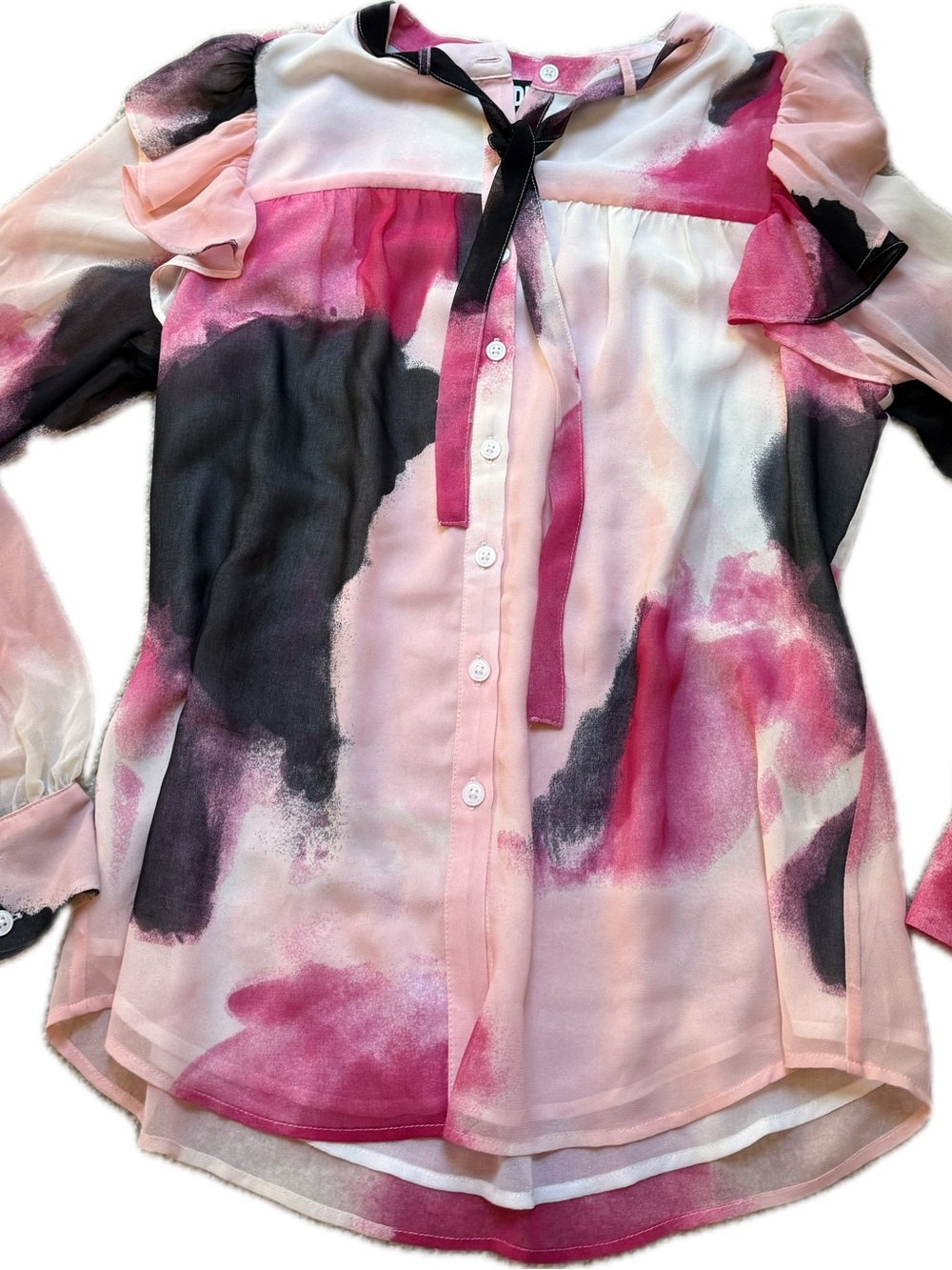 DKNY Pink, Black & White Watercolor Tie-Neck Button-Down Blouse